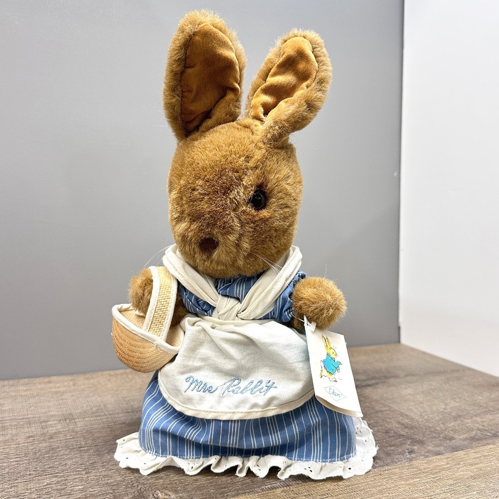 VTG 1980s Eden Toys Beatrix Potter Mrs. Rabbit 9" Plush Stuffed Bunny Paper Tag